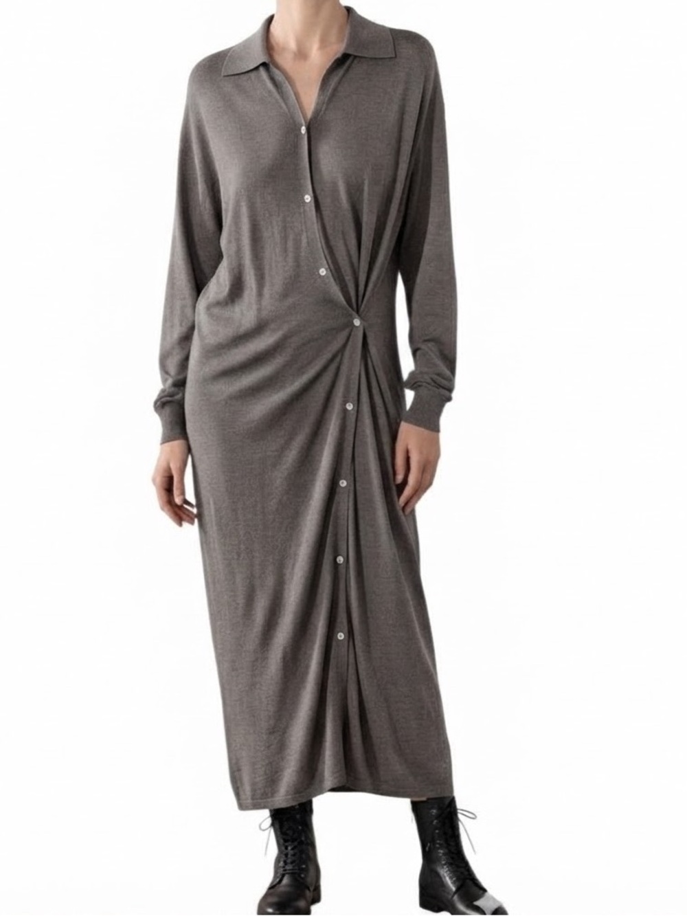 Zara Grey/Brown Draped Knit Midi Dress Collared Button Front Minimalist S/M